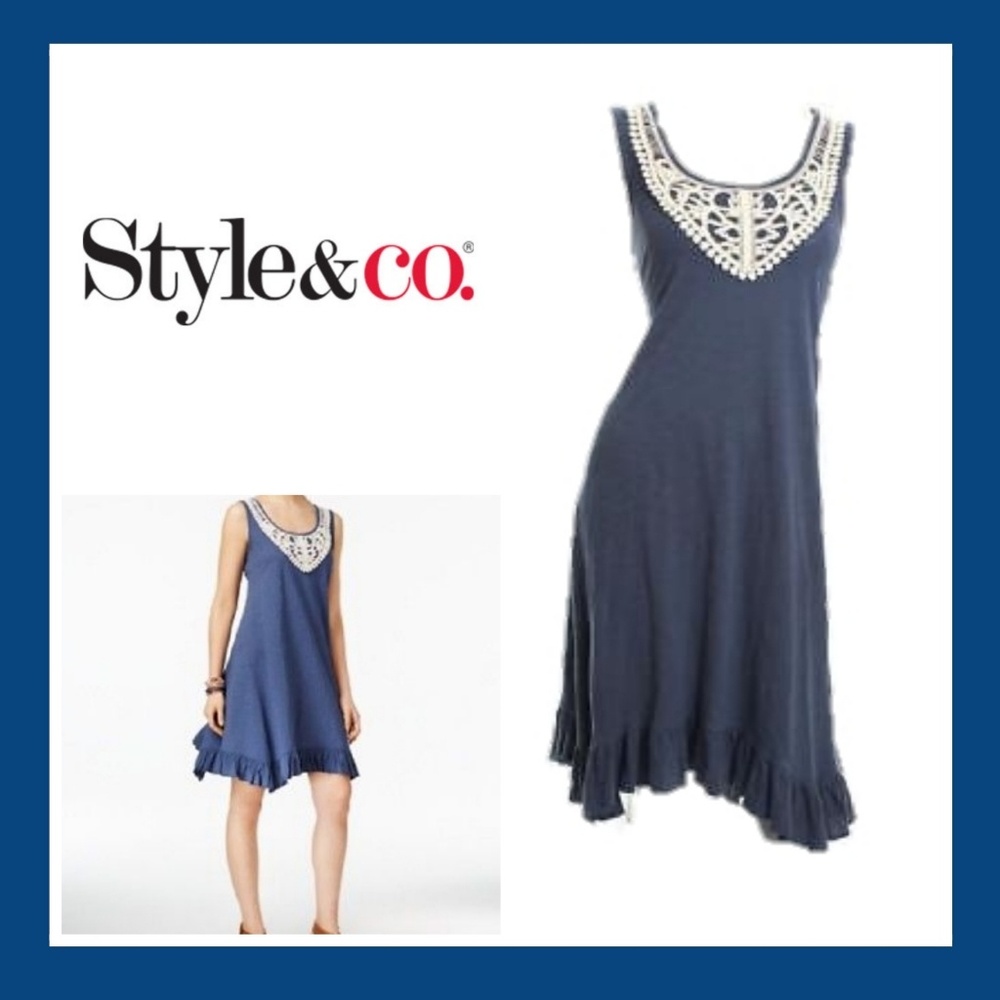 Blue Ruffle Hem Crotchet Trim Dress